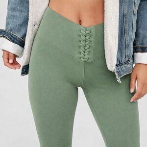 Aerie Offline Ribbed Lace-Up Leggings in Green-Blue